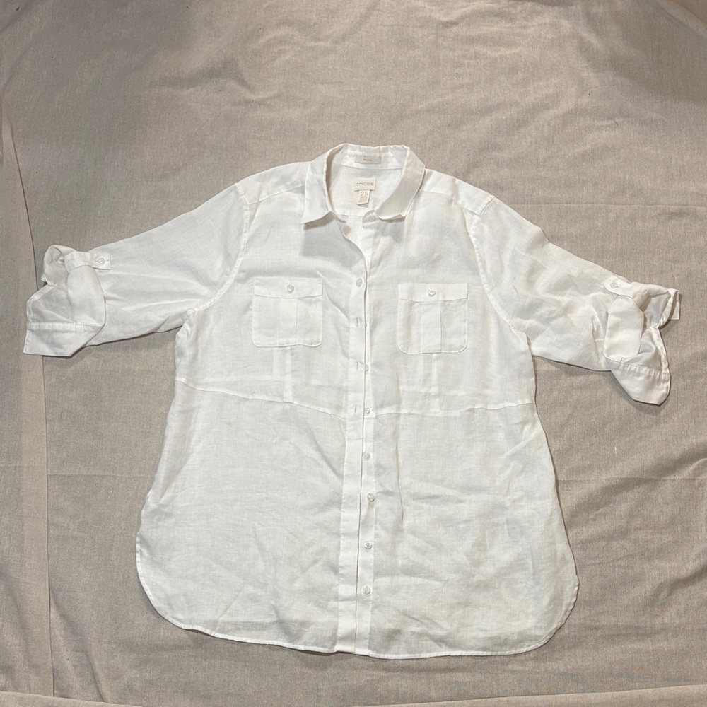Chico's White Button Down Shirt Tunic length size Large 14‎